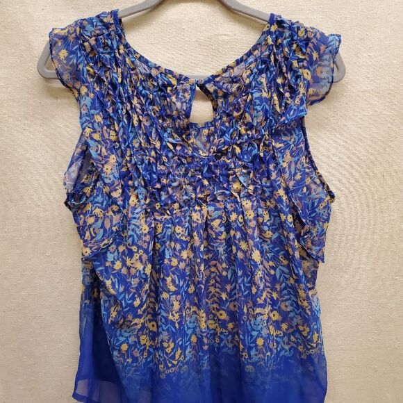 Jessica Simpson Blue Printed Flutter Ruffle Sleeve Blouse  Size L - Picture 5 of 6